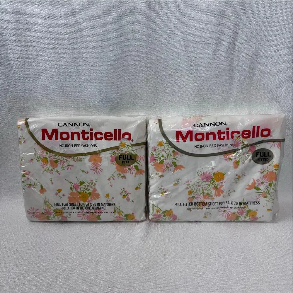 Vintage Cannon Monticello Floral Full Size Sheets Flat And Fitted Sheet 54 X 76